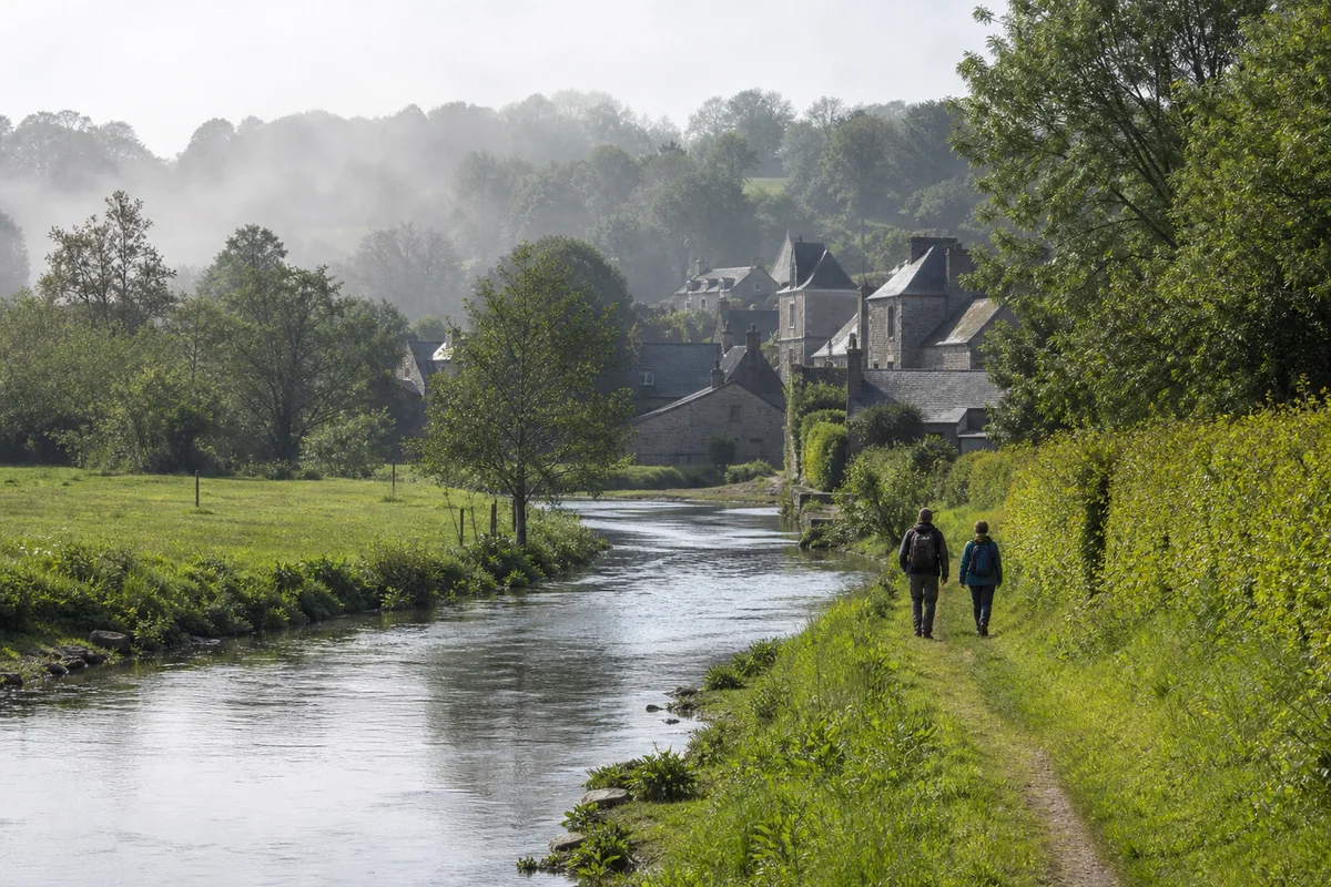 Deux marcheurs au bord d’une rivière boisée dans une vallée rurale brumeuse